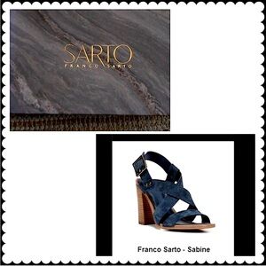 Franco Sarto Sabine lush teal blue suede crossing straps, open toe stacked heel